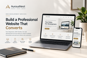 Professional web development services by AurousNest featuring a responsive, SEO-friendly business website displayed on a laptop and smartphone.